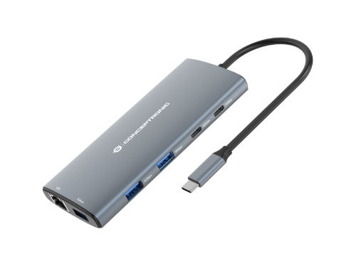 Conceptronic DONN06G 10-in-1 USB 3.2 Gen 1 Docking Station, HDMI, 100W USB PD, USB-C 5Gbps x 2, USB-A 5Gbps x 3, SD, TF/MicroSD, GbE