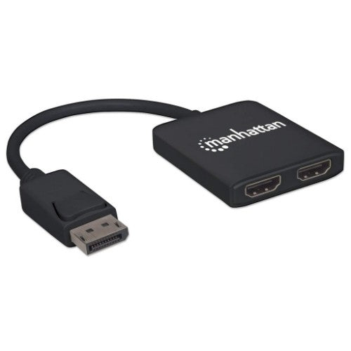 Manhattan DisplayPort 1.2 to 2-Port HDMI Splitter Hub with MST, 4K@30Hz, USB-A Powered, Video Wall Function, HDCP 2.2, Black, MST = Multi-Stream Transport, 3 Year Warranty