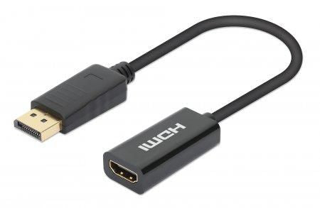 Manhattan DisplayPort 1.2 to HDMI Active Adapter, 4K@60Hz, 15cm, Male to Female, DP With Latch, Black, Not Bi-Directional, Three Year Warranty, Equivalent to DP2HD4K60S