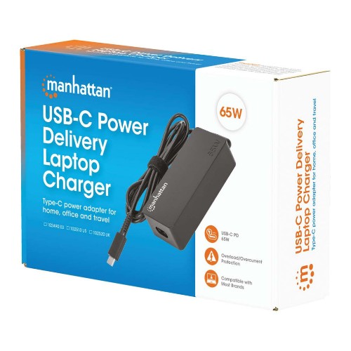 Manhattan Mains USB-C Laptop Charger 65W, AC (UK) to Type-C Power Adapter, Universal Voltage Compatible with Most Notebooks, Ideal as Second or Replacement Power Supply, Includes Detachable UK AC Power Cable and Built-in USB-C PD Cable, Black
