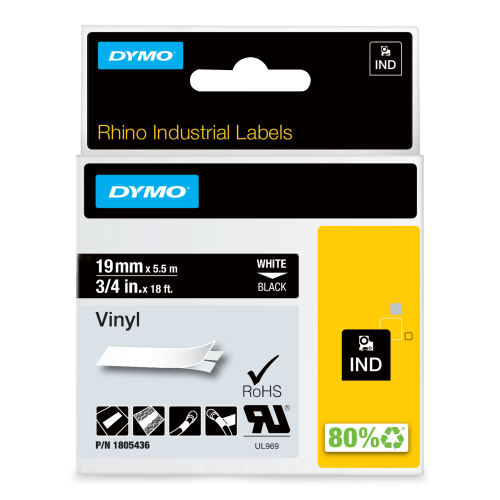Dymo 1805436 Ribbon Vinyl white on black 19mmx5,5m for Dymo Rhino 6-19mm/24mm