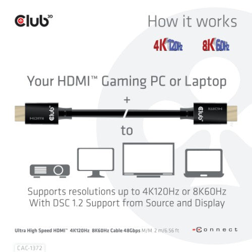 CLUB3D Ultra High Speed HDMI 4K120Hz, 8K60Hz Certified Cable 48Gbps M/M 2 m / 6.56 ft
