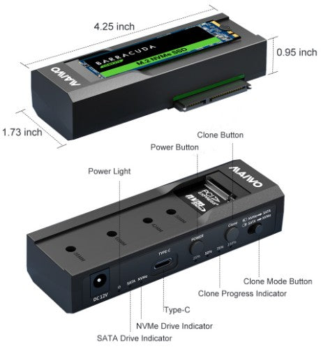 MAIWO K10635N Dual Bay USB Type C Hard Drive Enclosure HDD / SSD Duplicator for 2.5/3.5 Inch SATA Hard Drive and M.2 NVMe SSD, Support Offline Clone and Transmission Speed Up to 10Gbps, w/ 12V/3A Power