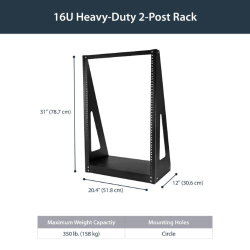StarTech.com 2-Post 16U Heavy-Duty Desktop Server Rack, Small Open Frame 19in Computer Rack, Compact Network Rack for AV / Studio / Data / IT Equipment, TAA Compliant - Free Standing Two-Post Home/Office Rack
