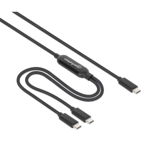 Manhattan Dual USB-C to USB-C Charging Cable, 100W, 2m, Male to Two Males, Smart Power Splitter Cable, Charges Two Devices from One USB-C PD Port, Delivers up to 100W for single charging and up to 70W + 28W for dual charging, Braided Jacket, Aluminum Boot