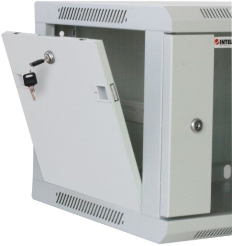 Intellinet 19" Network Cabinet - Wall Mount (Standard), 6U, 450mm Deep, Grey, Assembled, Max 60kg, Suitable also for use on desk or floor, Usable Depth 350mm, Metal & Glass Door, Back Panel, Removeable Sides, Parts for wall install (eg screws/rawl plugs)