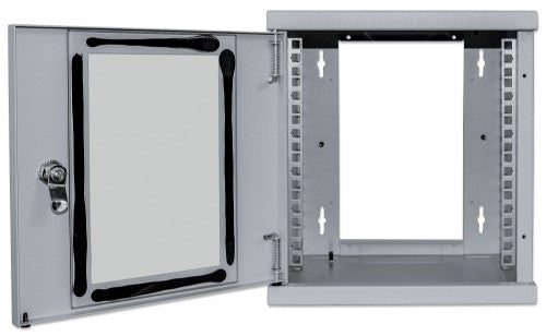 Intellinet 10" Network Cabinet - Wall Mount (Standard), 6U, 300mm Deep, Grey, Assembled, Max 60kg, Suitable also for use on desk or floor, Usable Depth 265mm, Metal & Glass Door, Back Panel, Removeable Sides,Parts for wall install (eg screws/rawl plugs) n
