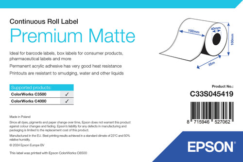 Epson C33S045419 Continous label roll matt Premium 102mm x 35m Pack=1 for Epson TM-C 3500