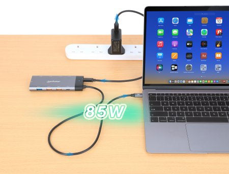 Manhattan USB-C Dock/Hub, Ports (x10): Ethernet, HDMI (x2 8k), USB-A (x5) and USB-C (x2), With Power Delivery (100W) to USB-C Port (Note additional USB-C wall charger and USB-C cable needed), USB 3.2 Gen 2, All Ports can be used at the same time, Universa