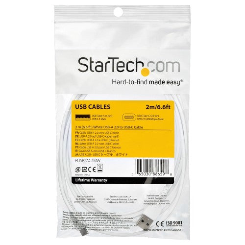 StarTech.com 2m USB A to USB C Charging Cable - Durable Fast Charge & Sync USB 2.0 to USB Type C Data Cord - Rugged TPE Jacket Aramid Fiber M/M 3A White - Samsung S10, iPad Pro, Pixel