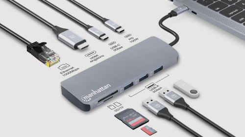 Manhattan USB-C Dock/Hub with Card Reader, Ports (x7): Ethernet, HDMI, USB-A (x3) and USB-C (x2), with Power Delivery (PD) 100W- requires external USB-C charger (not included). USB powered (no external power supply required) when PD is not in use
