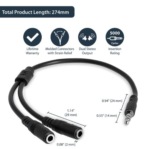 StarTech.com Slim Stereo Splitter Cable - 3.5mm Male to 2x 3.5mm Female