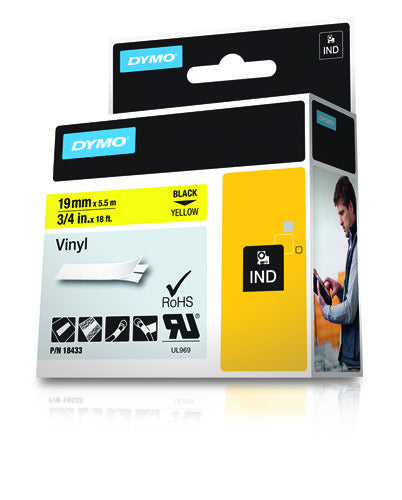 Dymo 18433/S0718470 Ribbon Vinyl black on yellow 19mm x 5,5m for Dymo Rhino 6-19mm/24mm