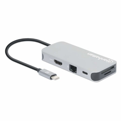 Manhattan USB-C Dock/Hub with Card Reader, Ports (x6): Ethernet, HDMI, USB-A (x3) and USB-C, With Power Delivery (10W) to USB-C Port (Note additional USB-C wall charger and USB-C cable needed), Universal for all devices, Cable 15cm, Aluminium, Silver
