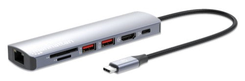 Manhattan USB-C Dock/Hub with Card Reader, Ports (x5): Ethernet, HDMI, USB-A (x2) and USB-C, With Power Delivery (100W) to USB-C Port (Note additional USB-C wall charger and USB-C cable needed), USB 3.2 Gen 1, All Ports can be used at the same time, Unive