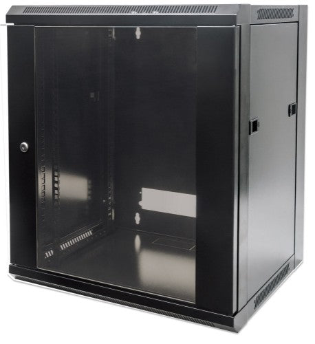 Intellinet 19" Network Cabinet - Wall Mount (Standard), 9U, 600mm Deep, Black, Flatpack, Max 60kg, Suitable also for use on desk or floor, Usable Depth 410mm, Metal & Glass Door, Back Panel, Removeable Sides, Parts for wall install (eg screws/rawl plugs)