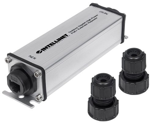 Intellinet Outdoor Gigabit High-Power PoE+ Extender Repeater, IEEE 802.3at/af Power over Ethernet (PoE+/PoE), Extends Range up to 100m, Metal, IP65