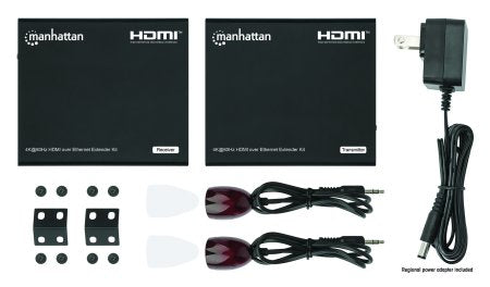 Manhattan 4K HDMI over Ethernet Extender Kit, Extends 4K@60Hz signal up to 70m with a single Cat6 Ethernet Cable, Transmitter and Receiver, Power over Cable (PoC), Black, Three Year Warranty
