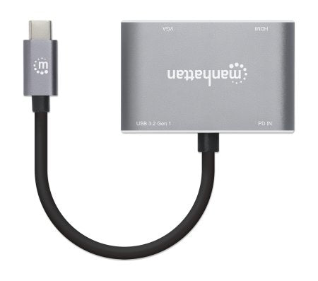 Manhattan USB-C Dock/Hub, Ports (x4): HDMI, USB-A, USB-C and VGA, With Power Delivery (87W) to USB-C Port (Note add USB-C wall charger and USB-C cable needed), All Ports can be used at the same time, Universal for all devices, Aluminium, Space Grey,3 Year