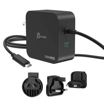 j5create 102W GaN PD USB-C 2-Port Charger with Changeable AC Plugs
