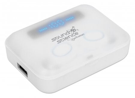 Manhattan Bluetooth Earphones, White, Microphone, Integrated Controls, Sweatproof, Noise Isolating, 5 hour usage time, Max Range 10m, Charging Case with Powerbank (1200mAh), Bluetooth v5.0, USB-A charging cable included, 3 Year Warranty