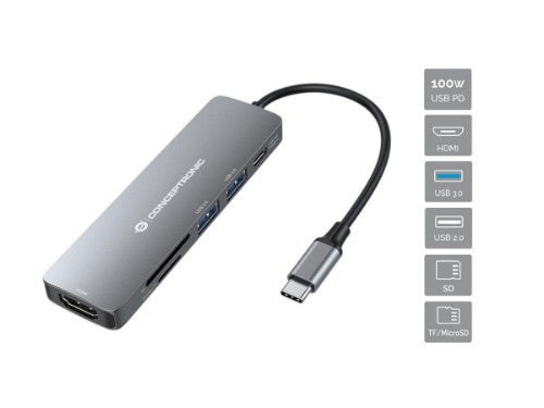 Conceptronic DONN11G 6-in-1 USB 3.2 Gen 1 Docking Station, HDMI, 100W USB PD, USB 3.0, USB 2.0, SD, TF/MicroSD
