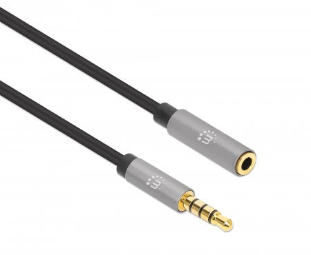 Manhattan Stereo Audio 3.5mm Extension Cable, 3m, Male/Female, Slim Design, Black/Silver, Premium with 24 karat gold plated contacts and pure oxygen-free copper (OFC) wire, Lifetime Warranty
