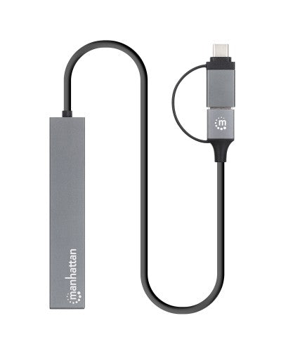 Manhattan USB-C & USB-A Combo Dock/Hub, Ports (4): USB-A (x4), 5 Gbps (USB 3.2 Gen1 aka USB 3.0), USB powered (no external power supply required), Cable 25cm