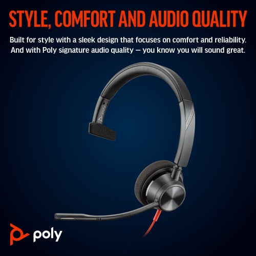 HP Poly Blackwire 3310 Monaural USB-C Headset +USB-C/A Adapter