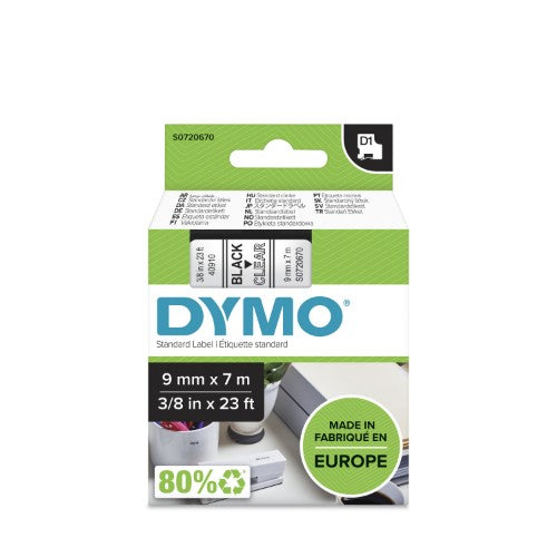 Dymo 40910/S0720670 DirectLabel-etikettes black on Transparent 9mm x 7m for Dymo D1 6-19mm/24mm/9-12mm/9-19mm/400 Duo