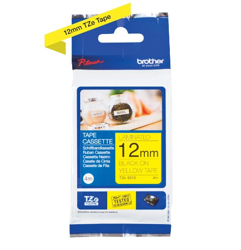 Brother TZE-631S DirectLabel black on yellow Laminat 12mm x 4m for Brother P-Touch TZ 3.5-18mm/6-12mm/6-18mm/6-24mm/6-36mm