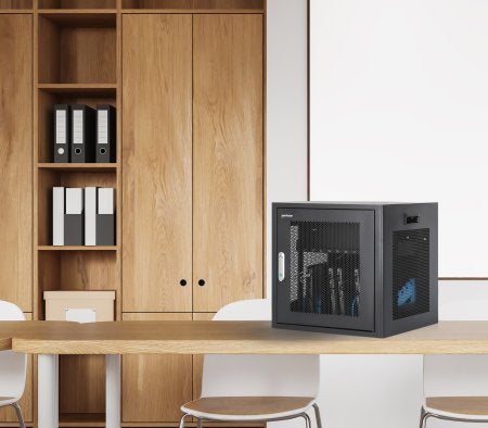 Manhattan Laptop Charging Cabinet Desktop via AC Adapter (UK) 10-bay, Install device's AC Adapter (power cables) into unit, Suitable for ALL laptops (to 15.6"), iPads, MacBooks, Chromebooks, other portable devices, Bays 380x30x280mm, Cart, Lockable