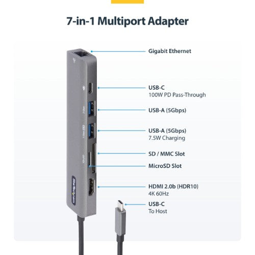 StarTech.com USB-C Multiport Adapter Hub, USB-C to 4K 60Hz HDMI, Gigabit Ethernet and 100W Laptop Charging for Macbook Pro / Air and Windows