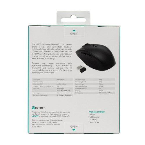 eSTUFF GLB214002 mouse Office Right-hand RF Wireless + Bluetooth IR LED 1800 DPI