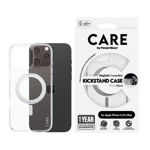 PanzerGlass CARE™ by ® Case Transparent w. Silver Kickstand & MagSafe iPhone 16 Pro Max