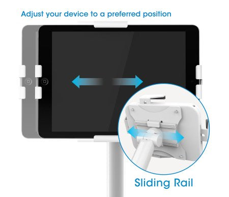 Manhattan Floor Stand (Anti theft) for Tablet and iPad, Universal, 360° Rotation, Tilt +20° to -110°, White, Lockable, Tablets 7.9" to 11", Height adjustable 790 to 1190mm,Extendable clamps: height 200 to 246mm/width 129 to 181mm,Can be bolted to floor (p