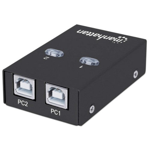 Manhattan USB-A Automatic Sharing Switch, 2x USB-B Ports, 480 Mbps (USB 2.0), Dual Control (Auto-Sensing or Manual), Bus Powered, Hi-Speed USB, inc 1x 1.5m USB-A to USB-B cable, Black, Three Year Warranty