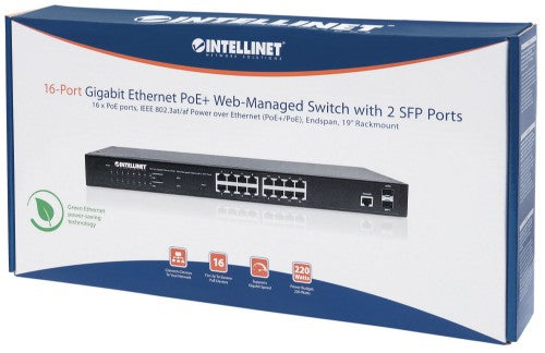 Intellinet 16-Port Gigabit Ethernet PoE+ Web-Managed Switch with 2 SFP Ports, 16 x PoE ports, IEEE 802.3at/af Power over Ethernet (PoE+/PoE), 2 x SFP, Endspan, 19" Rackmount