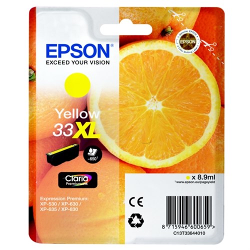 Epson C13T33644012/33XL Ink cartridge yellow high-capacity, 650 pages ISO/IEC 19752 8,9ml for Epson XP 530