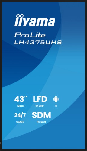 iiyama LH4375UHS-B2AG Signage Display Digital signage flat panel 108 cm (42.5") LCD Wi-Fi 500 cd/m² 4K Ultra HD Black Built-in processor Android 11 24/7