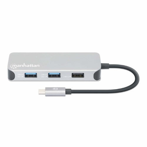 Manhattan USB-C Dock/Hub with Card Reader, Ports (x6): Ethernet, HDMI, USB-A (x3) and USB-C, With Power Delivery (10W) to USB-C Port (Note additional USB-C wall charger and USB-C cable needed), Universal for all devices, Cable 15cm, Aluminium, Silver