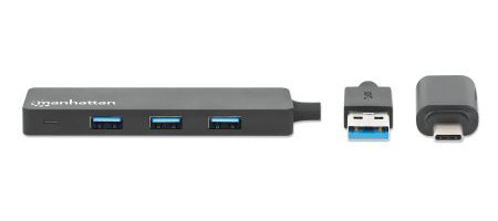 Manhattan USB-C & USB-A Combo Dock/Hub, Ports (4): USB-A (x4), 5 Gbps (USB 3.2 Gen1 aka USB 3.0), External Power Supply Not Needed, Universal for all devices, SuperSpeed USB, Black, Three Year Warranty