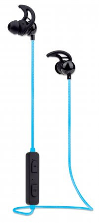 Manhattan Bluetooth In-Ear Headset, Multi Coloured Cable Light, Omnidirectional Mic, Integrated Controls, Ear Hook for Secure Fit, 5 hour usage time (approx), Max Range 10m, Bluetooth v4.0, Rainproof, USB-A charging cable incl, 3 Year Warranty