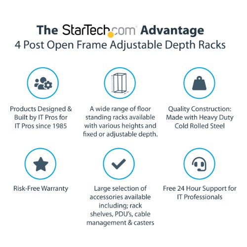 StarTech.com 4-Post 42U Mobile Open Frame Server Rack, Four Post 19" Network Rack with Wheels, Rolling Rack with Adjustable Depth for Computer/AV/Data/IT Equipment - Casters, Leveling Feet or Floor Mounting