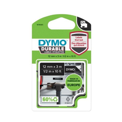 Dymo 1978365 DirectLabel-etikettes white on black Vinyl 12mm x 5,5mm for Dymo D1 6-12mm/19mm/24mm/9-12mm/9-19mm