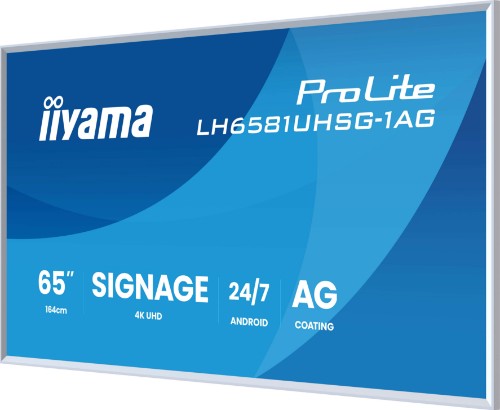 iiyama LH6581UHSG-1AG Signage Display Digital signage flat panel 163.8 cm (64.5") Wi-Fi 500 cd/m² 4K Ultra HD White Built-in processor Android 24/7