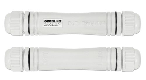 Intellinet Ultra Long Range Outdoor Fast Ethernet PoE+ Extender Kit Extends PoE up to 1000 m (3280 ft.), One PD Port up to 95 W, IEEE 802.3bt (4PPoE) Compatible, IP67 Waterproof and Dustproof, Set of Two Modules, Plastic, Gray