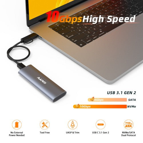 MAIWO M.2 NVME SATA SSD Enclosure Adapter Tool-Free, RTL9210B Chips, USB C 3.1 Gen 2 10Gbps NVME, 6Gbps SATA PCIe M-Key(B+M Key), External Solid State Drive Support UASP Trim for 2242/2260/2280