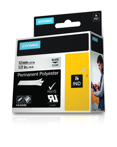 Dymo 622289 Ribbon Polyester permanent black on Transparent 12mm x 5,5m for Dymo Rhino 6-12mm/19mm/24mm