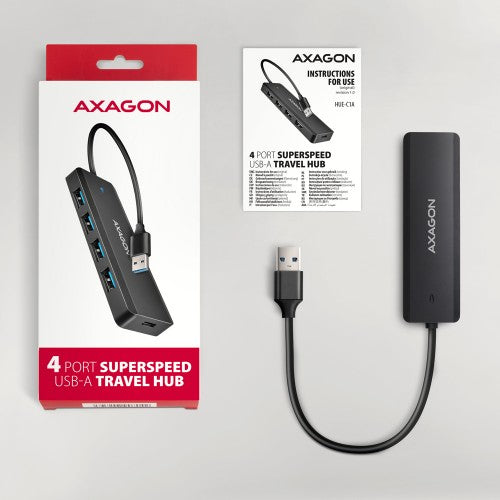 Axagon HUE-C1A 4x USB 5Gbps TRAVEL hub, USB-C power IN, 19cm USB-A cable